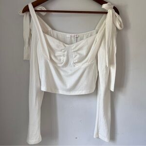 WinWin White Long Sleeve Crop Blouse with Tie Front Large